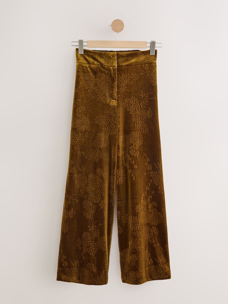 Ochre Yellow Embossed Velvet Wide Leg Trousers - Image 1 of 5 Ochre Yellow Embossed Velvet Wide Leg Trousers - Image 1 of 5