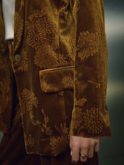 Ochre Yellow Embossed Velvet Single Breasted Blazer - Image 6 of 9