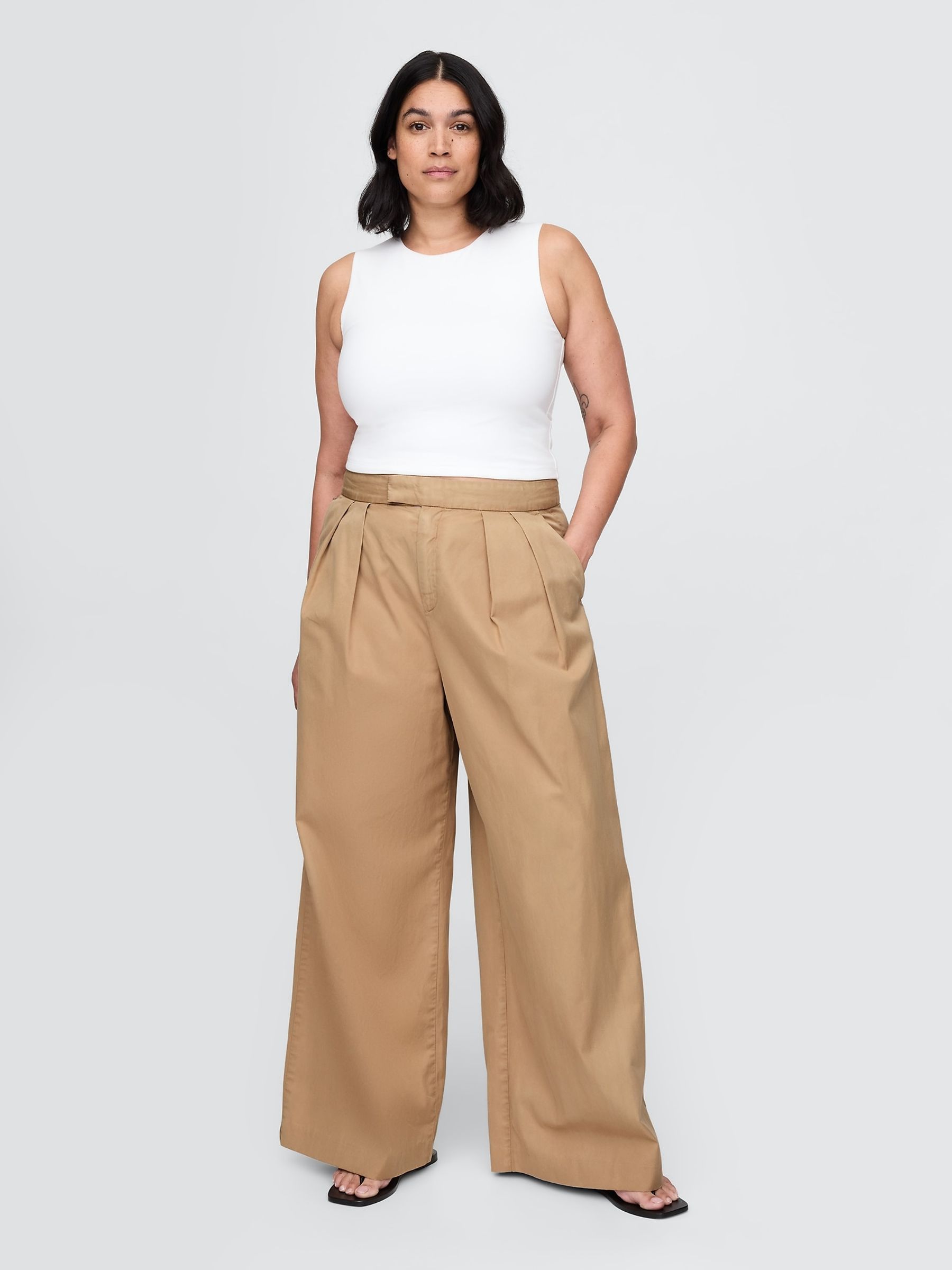 Buy Gap Beige Cotton High Waisted Pleated Wide-Leg Chino Trousers