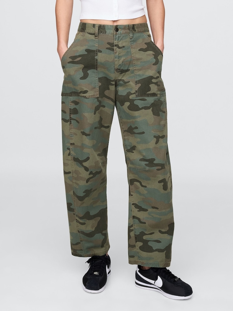 Gap Green Camo Mid Rise Cotton Barrel Trousers - Image 1 of 7