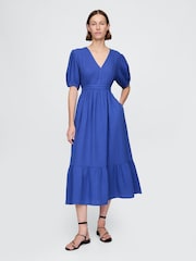 Gap Blue Crinkle Gauze 100% Cotton Open-Back Puff Sleeve Midi Dress - Image 1 of 4