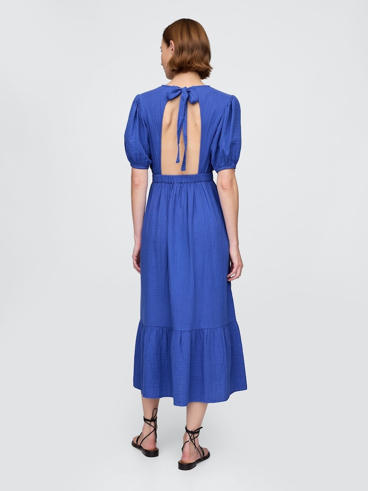 Gap Blue Crinkle Gauze 100% Cotton Open-Back Puff Sleeve Midi Dress - Image 2 of 4