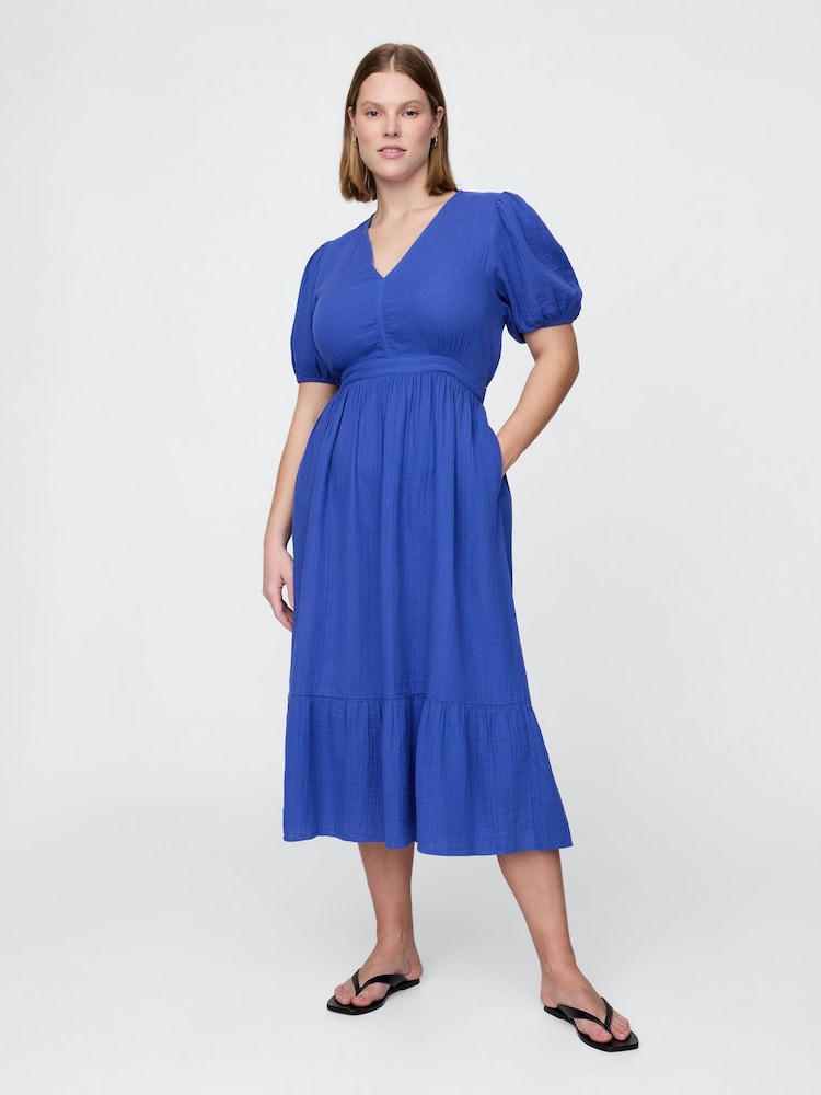 Gap Blue Crinkle Gauze 100% Cotton Open-Back Puff Sleeve Midi Dress - Image 4 of 4