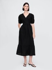 Gap Black Crinkle Gauze 100% Cotton Open-Back Puff Sleeve Midi Dress - Image 1 of 5