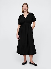 Gap Black Crinkle Gauze 100% Cotton Open-Back Puff Sleeve Midi Dress - Image 3 of 5