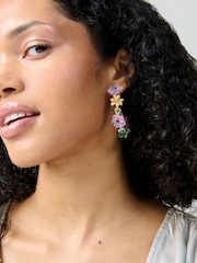 Aela Large Pink Flower Beaded Hoop Earrings - Image 1 of 3