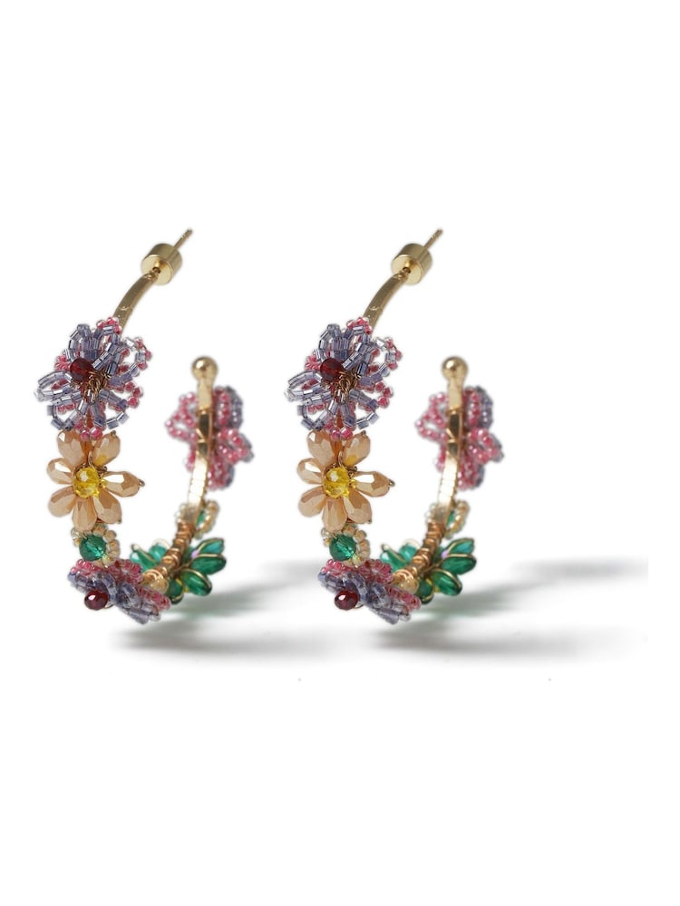 Aela Large Pink Flower Beaded Hoop Earrings - Image 2 of 3