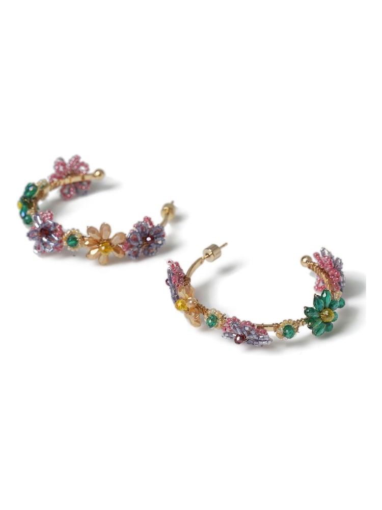 Aela Large Pink Flower Beaded Hoop Earrings - Image 3 of 3