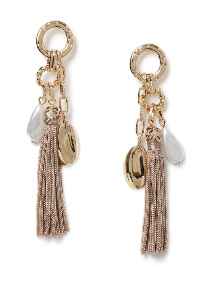 Aela Gold Tone Tassel And Pearl Effect Drop Earrings - Image 1 of 3