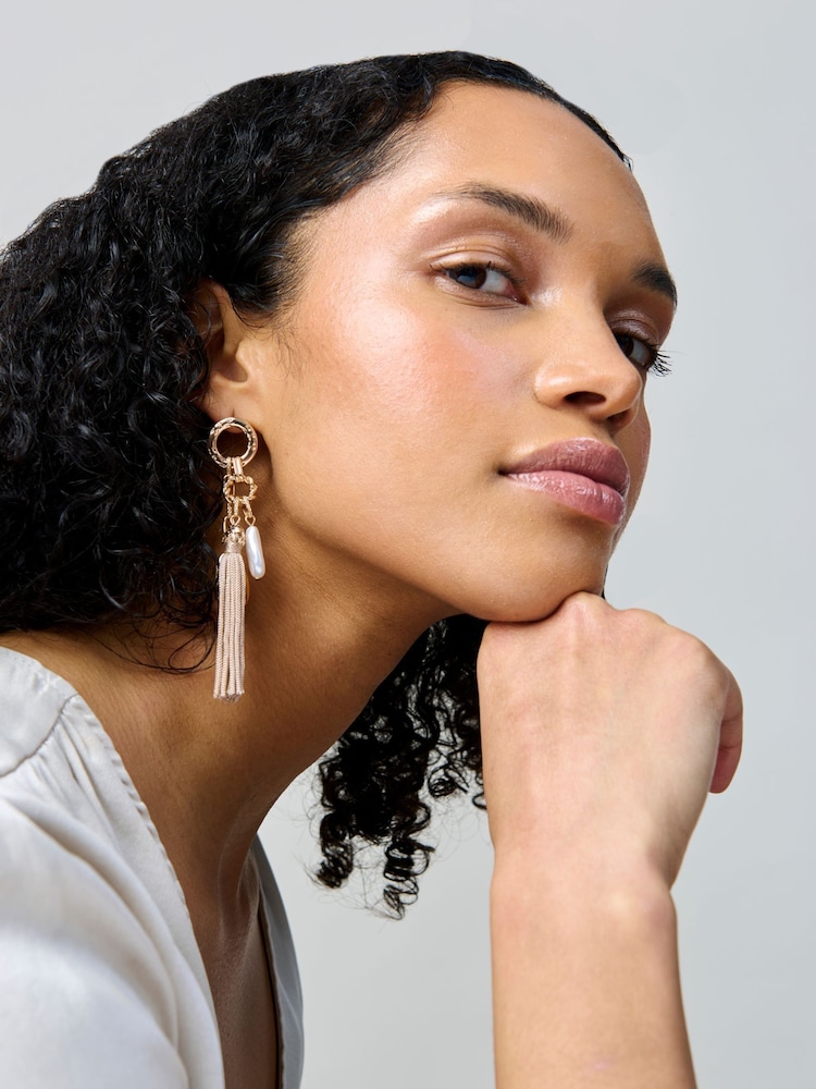 Aela Gold Tone Tassel And Pearl Effect Drop Earrings - Image 3 of 3