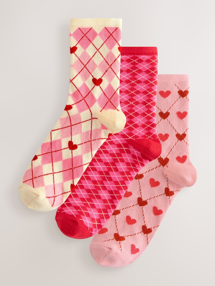 Pink/Red Argyle Ankle Socks 3 Pack - Image 1 of 6