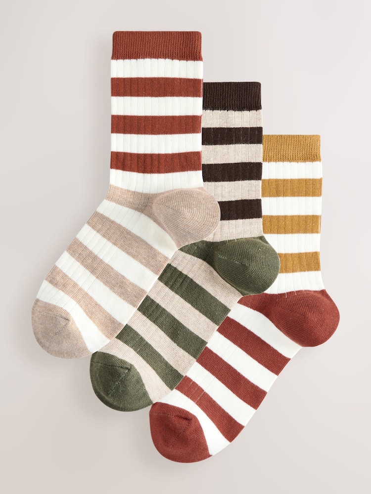 Rust/Neutral Stripe Ankle Socks 3 Pack - Image 1 of 6