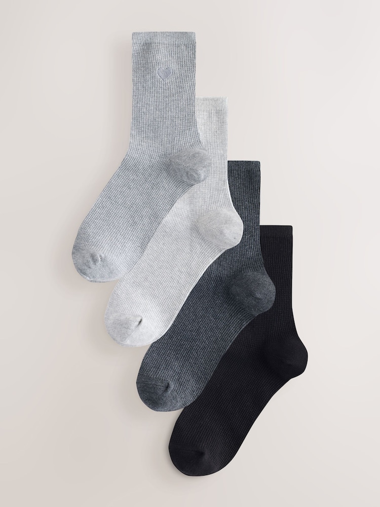 Grey Waffle Embroidered Motif Heart Print Ankle Socks 4 Pack - Image 1 of 7