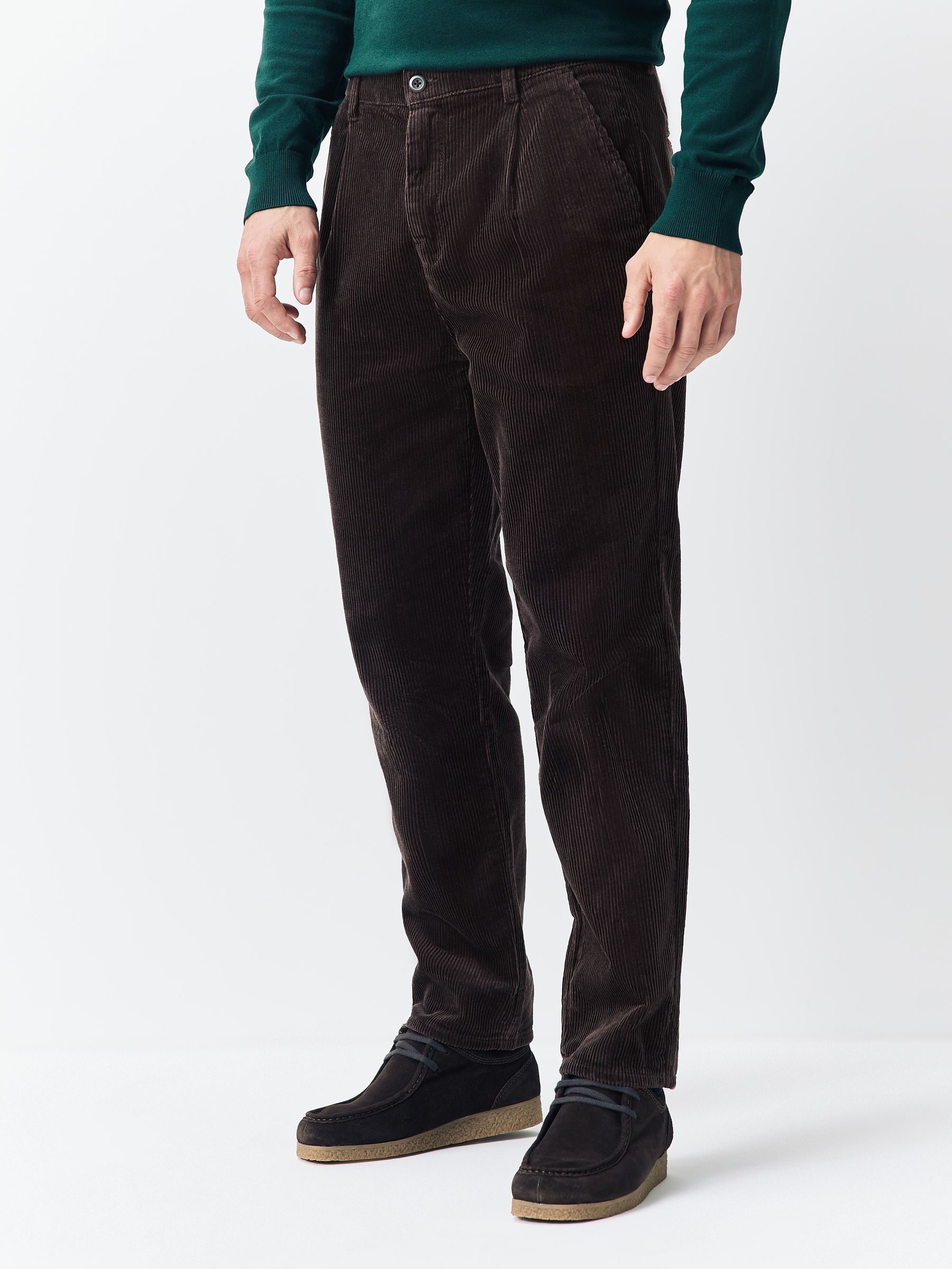 Buy Brown Regular Tapered Fit Corduroy Single Pleated Trousers
