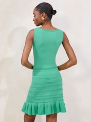 Lipsy Green Mini Boat Neck Scallop Frill Hem Knit Dress - Image 2 of 4