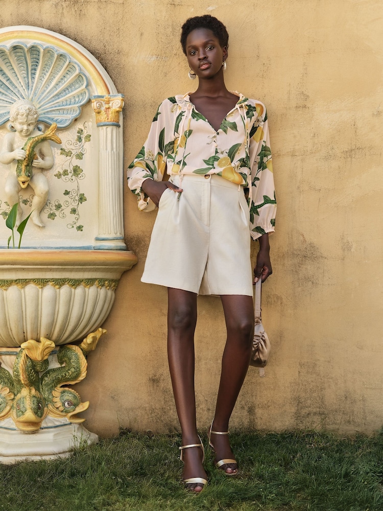 Love & Roses Lemon Yellow Printed Shirred Notch Neck Long Sleeve Blouse - Image 3 of 4