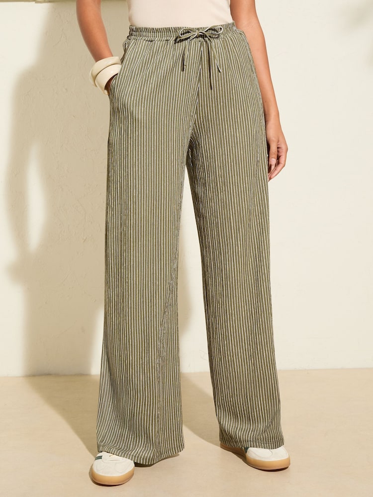 Friends Like These Khaki Stripe Crinkle Jersey Wide Leg Trousers - Image 1 of 4