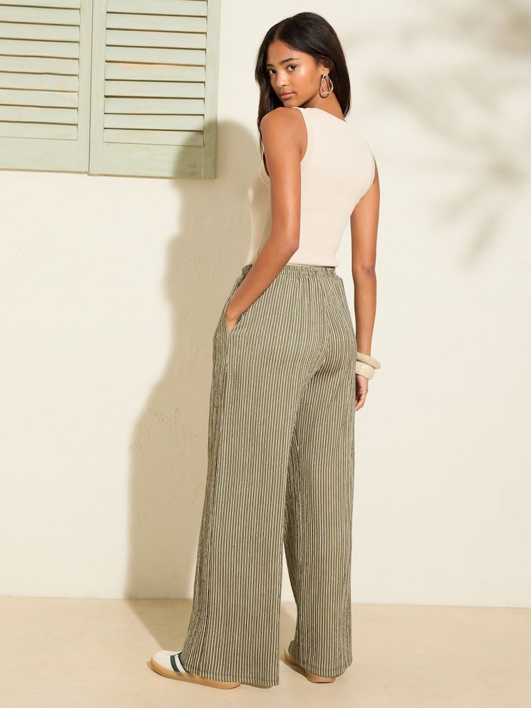 Friends Like These Khaki Stripe Crinkle Jersey Wide Leg Trousers - Image 4 of 4