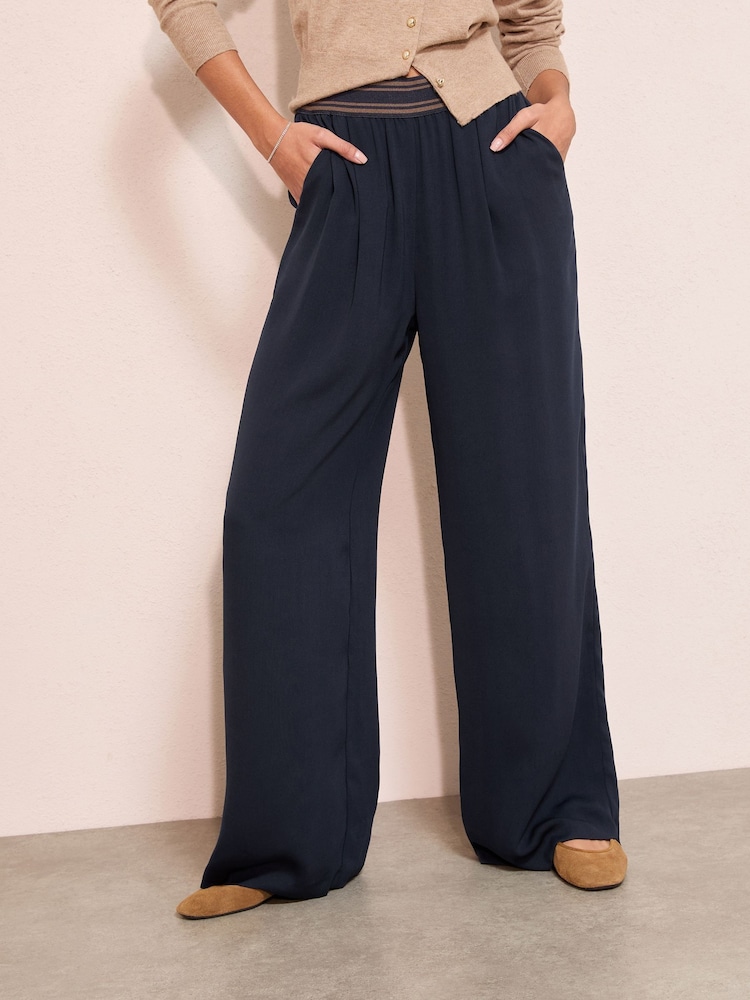 Friends Like These Navy Stripe Elasticated Waist Trousers - Image 1 of 4 Friends Like These Navy Stripe Elasticated Waist Trousers - Image 1 of 4