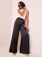 Friends Like These Black Palazzo Super Wide Leg Satin Trousers - Image 1 of 4