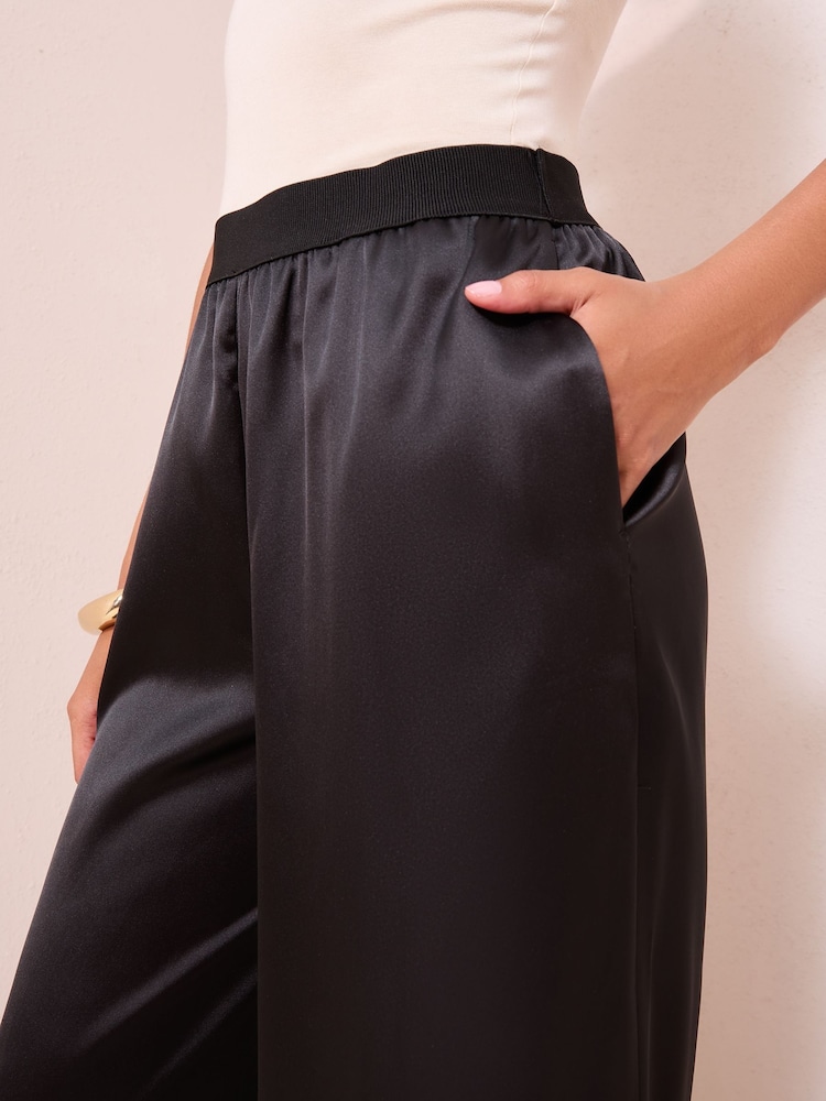 Friends Like These Black Palazzo Super Wide Leg Satin Trousers - Image 2 of 4