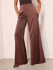 Friends Like These Brown Palazzo Super Wide Leg Satin Trousers - Image 1 of 4