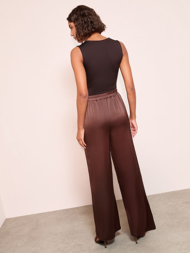 Friends Like These Brown Palazzo Super Wide Leg Satin Trousers - Image 4 of 4