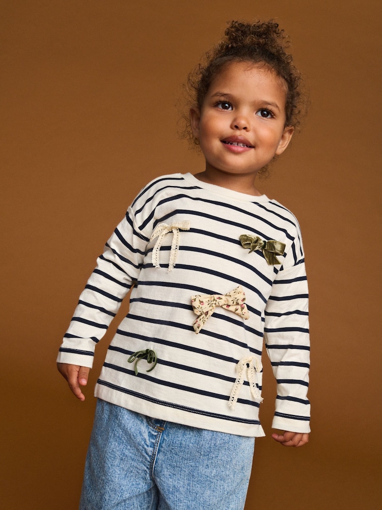 Monochrome Stripe Long Sleeve Bow Appliqué Top (3mths-7yrs) - Image 1 of 5