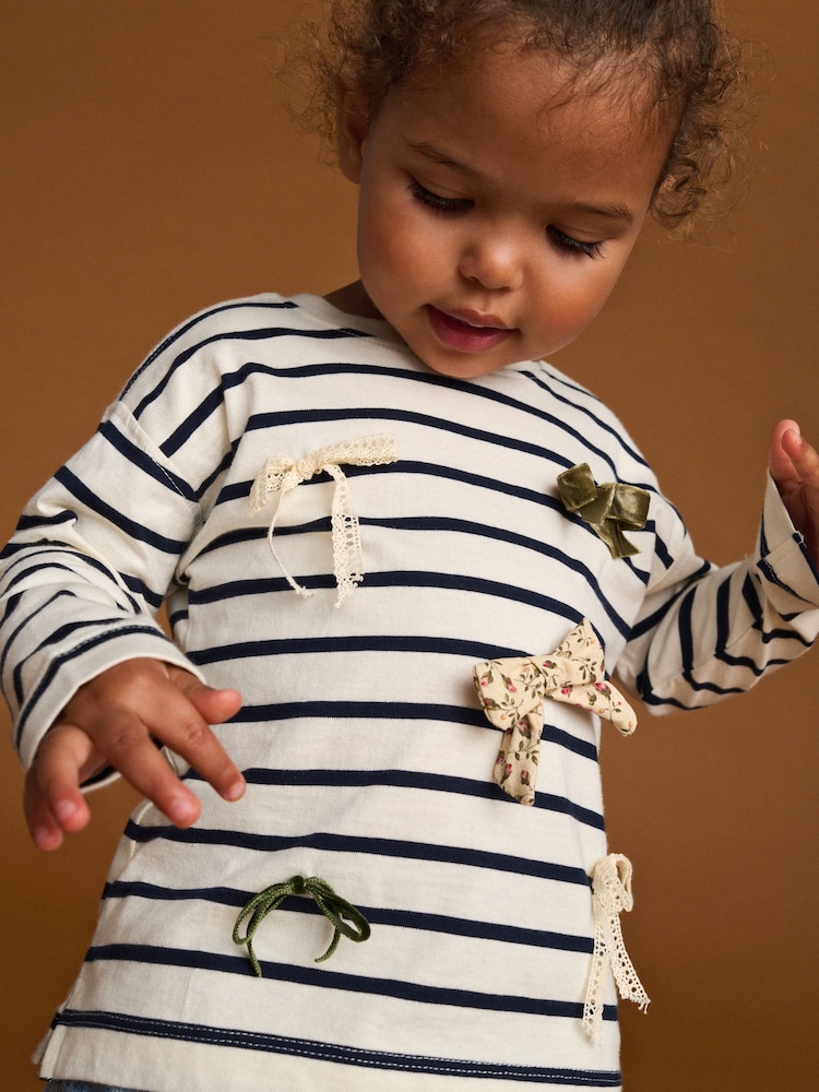 Monochrome Stripe Long Sleeve Bow Appliqué Top (3mths-7yrs) - Image 2 of 5