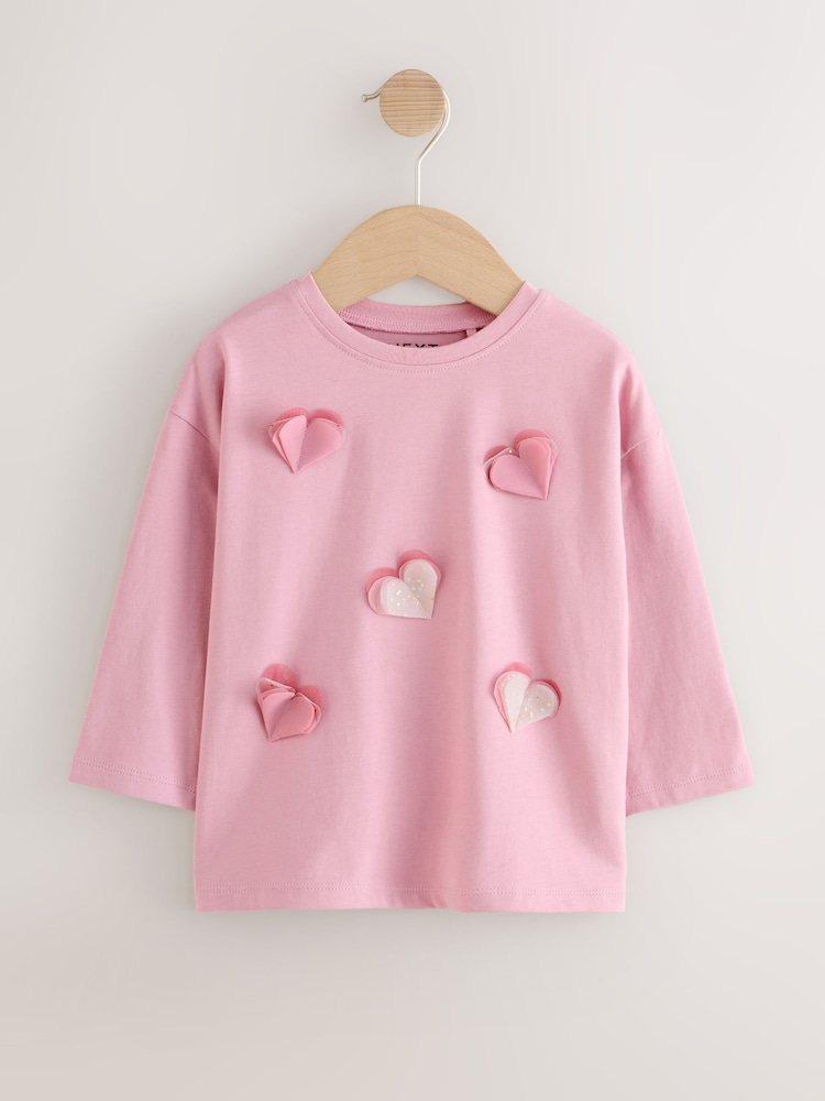 Pink Long Sleeve Mesh Heart Appliqué Top (3mths-7yrs) - Image 1 of 5