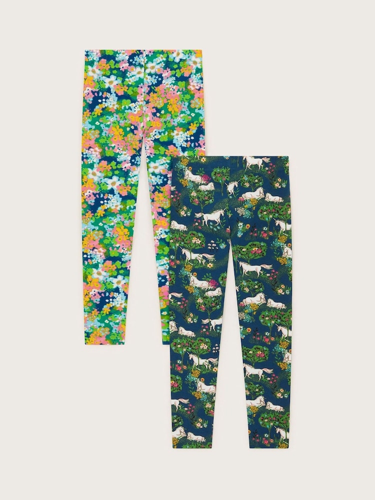 Monsoon Blue Unicorn Floral Print Leggings 2 Pack - Image 3 of 4