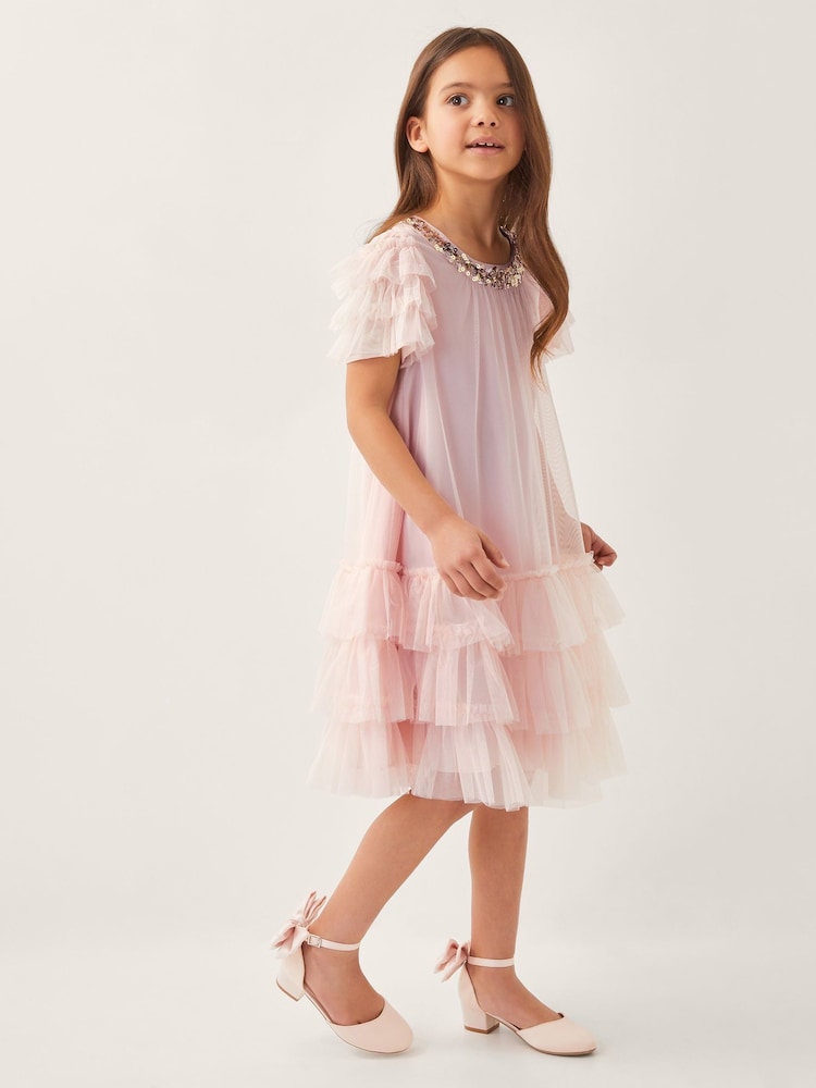Monsoon Pink Alexandria Sequin Ruffle Tulle Swing Dress - Image 1 of 4
