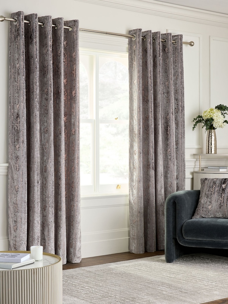 Charcoal Grey Collection Luxe Heavyweight Chic Velvet Abstract Eyelet Lined Curtains - Image 1 of 5