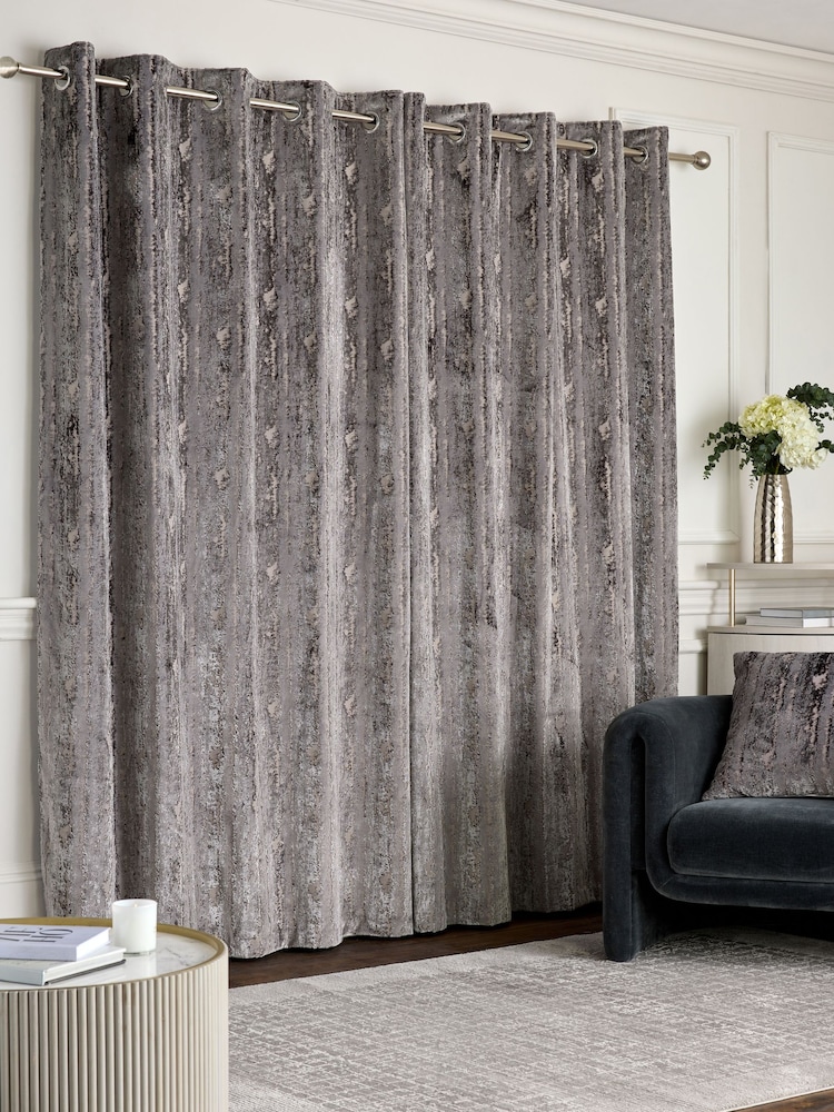 Charcoal Grey Collection Luxe Heavyweight Chic Velvet Abstract Eyelet Lined Curtains - Image 2 of 5