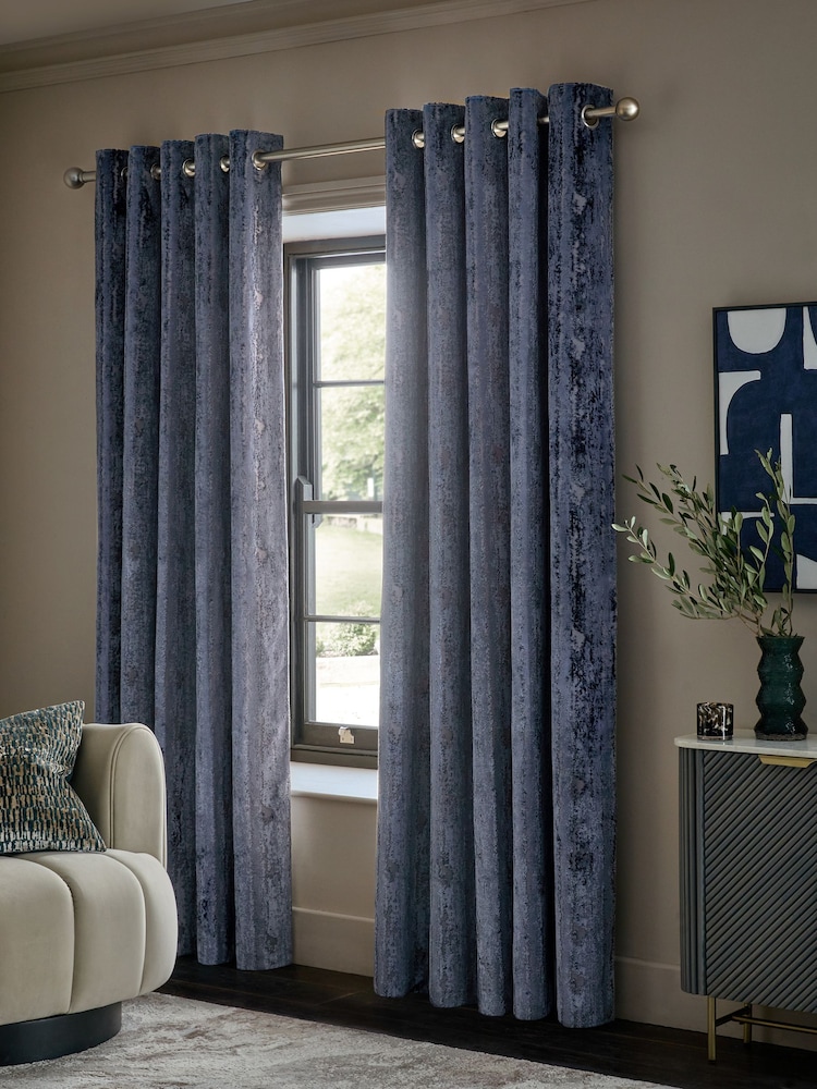 Navy Blue Collection Luxe Heavyweight Chic Velvet Abstract Eyelet Lined Curtains - Image 1 of 4