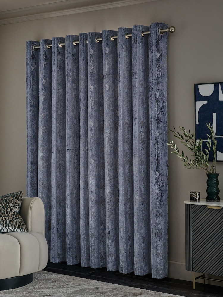 Navy Blue Collection Luxe Heavyweight Chic Velvet Abstract Eyelet Lined Curtains - Image 2 of 4