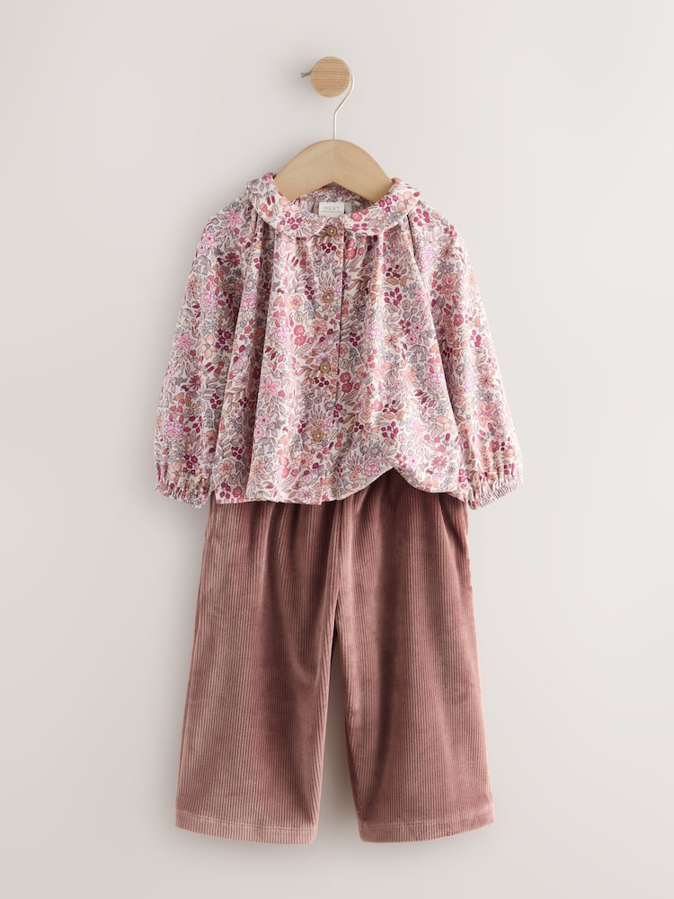 Purple Ditsy Floral Long Sleeve Collar Top and Barrel Trousers Set (3mths-7yrs) - Image 1 of 5