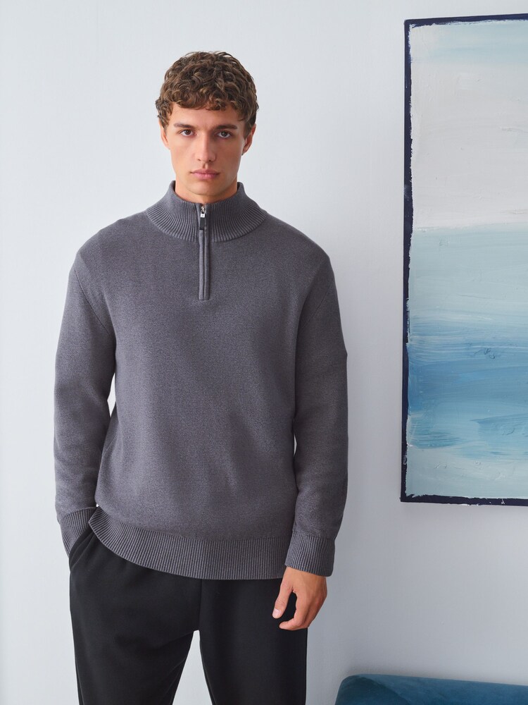 Charcoal Grey Stag Logo Regular Fit Premium Quarter Zip Jumper - Image 1 of 8 Charcoal Grey Stag Logo Regular Fit Premium Quarter Zip Jumper - Image 1 of 8