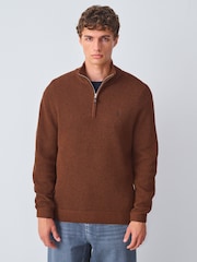 Tan Brown Stag Logo Regular Fit Textured Premium Quarter Zip Jumper - Image 1 of 8
