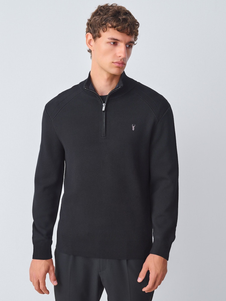 Black Stag Logo Slim Fit Quarter Zip Neck Jumper - Image 1 of 8 Black Stag Logo Slim Fit Quarter Zip Neck Jumper - Image 1 of 8