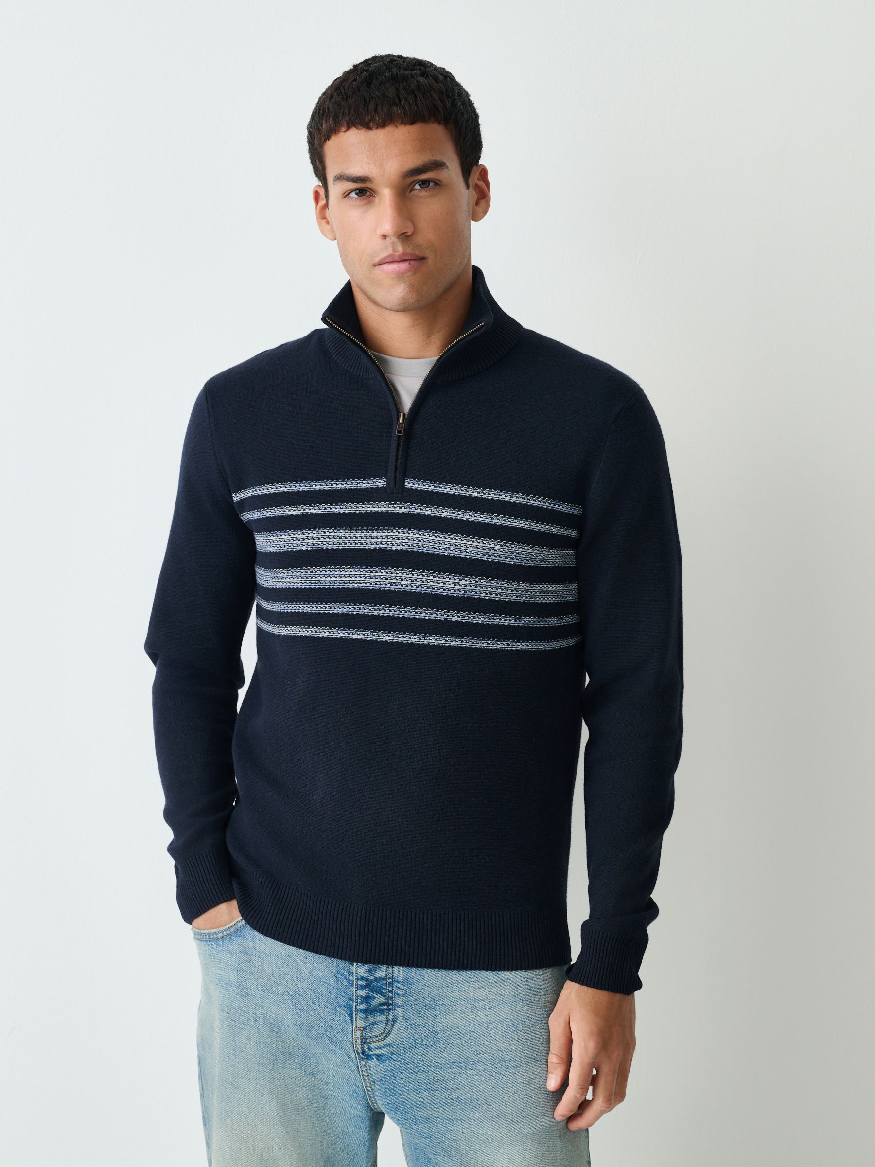 Buy Navy Blue Regular Fit Essential Chest Block Stripe Quarter Zip
