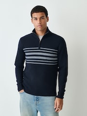 Navy Blue Regular Fit Essential Chest Block Stripe Quarter Zip Neck Jumper - Image 1 of 7