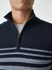 Navy Blue Regular Fit Essential Chest Block Stripe Quarter Zip Neck Jumper - Image 4 of 7