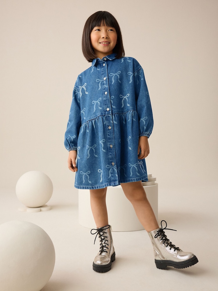 Blue Denim Bow Diamante Shirt Dress (3-16yrs) - Image 2 of 8 Blue Denim Bow Diamante Shirt Dress (3-16yrs) - Image 2 of 8
