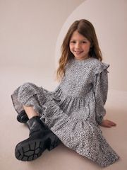 Black/White Long Sleeve Ruffle Dress (3-16yrs) - Image 1 of 8