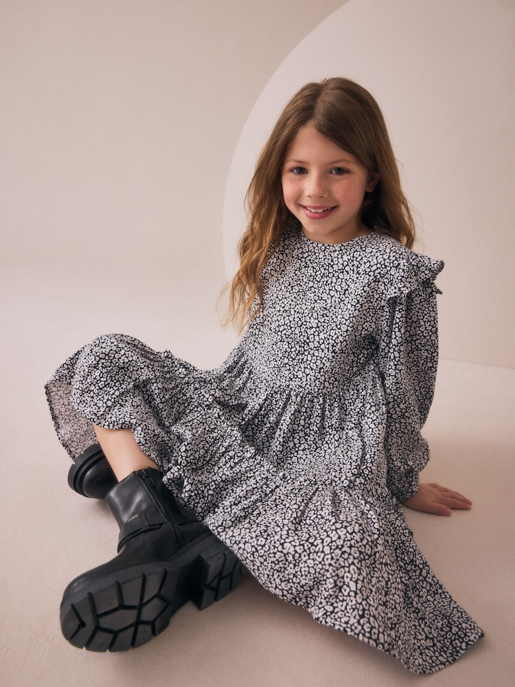 Black/White Long Sleeve Ruffle Dress (3-16yrs) - Image 1 of 8