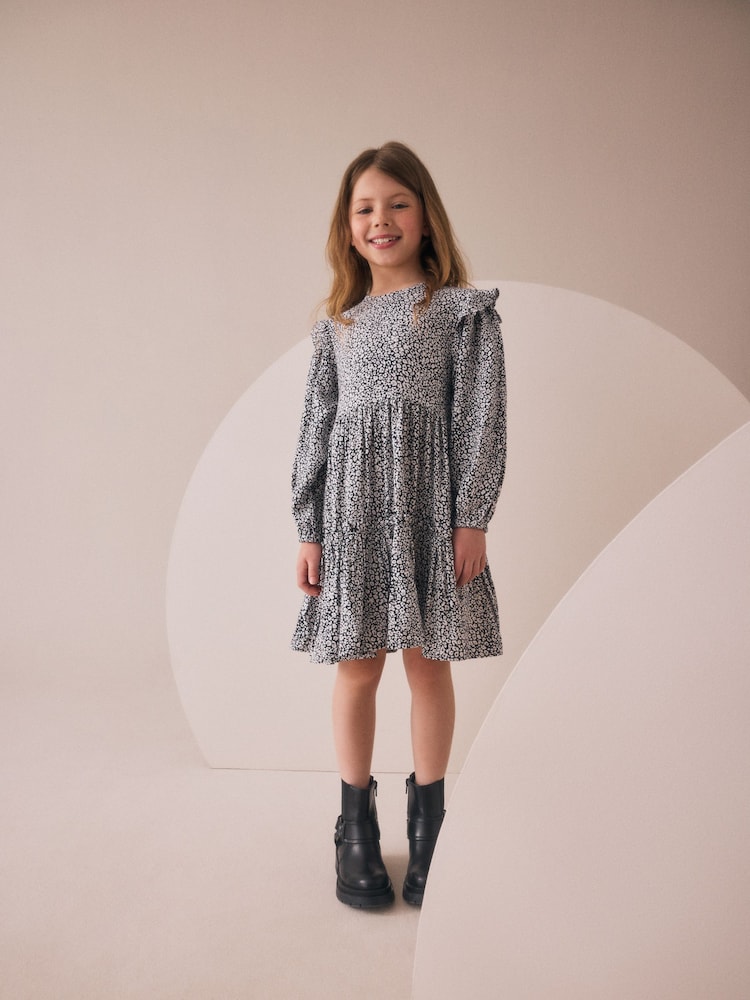 Black/White Long Sleeve Ruffle Dress (3-16yrs) - Image 2 of 8