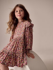 Berry Pink Ditsy Long Sleeve Ruffle Dress (3-16yrs) - Image 1 of 7