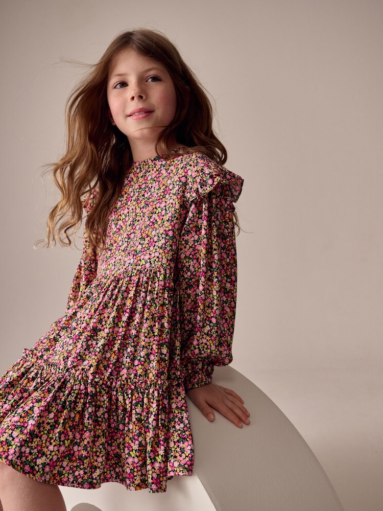 Berry Pink Ditsy Long Sleeve Ruffle Dress (3-16yrs) - Image 1 of 7