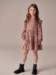 Berry Pink Ditsy Long Sleeve Ruffle Dress (3-16yrs) - Image 2 of 7